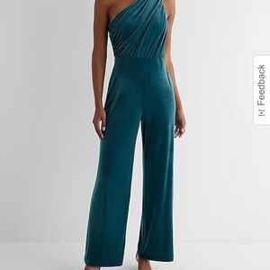 NWT!  Express emerald green velvet one shoulder wide leg jumpsuit, size XS.